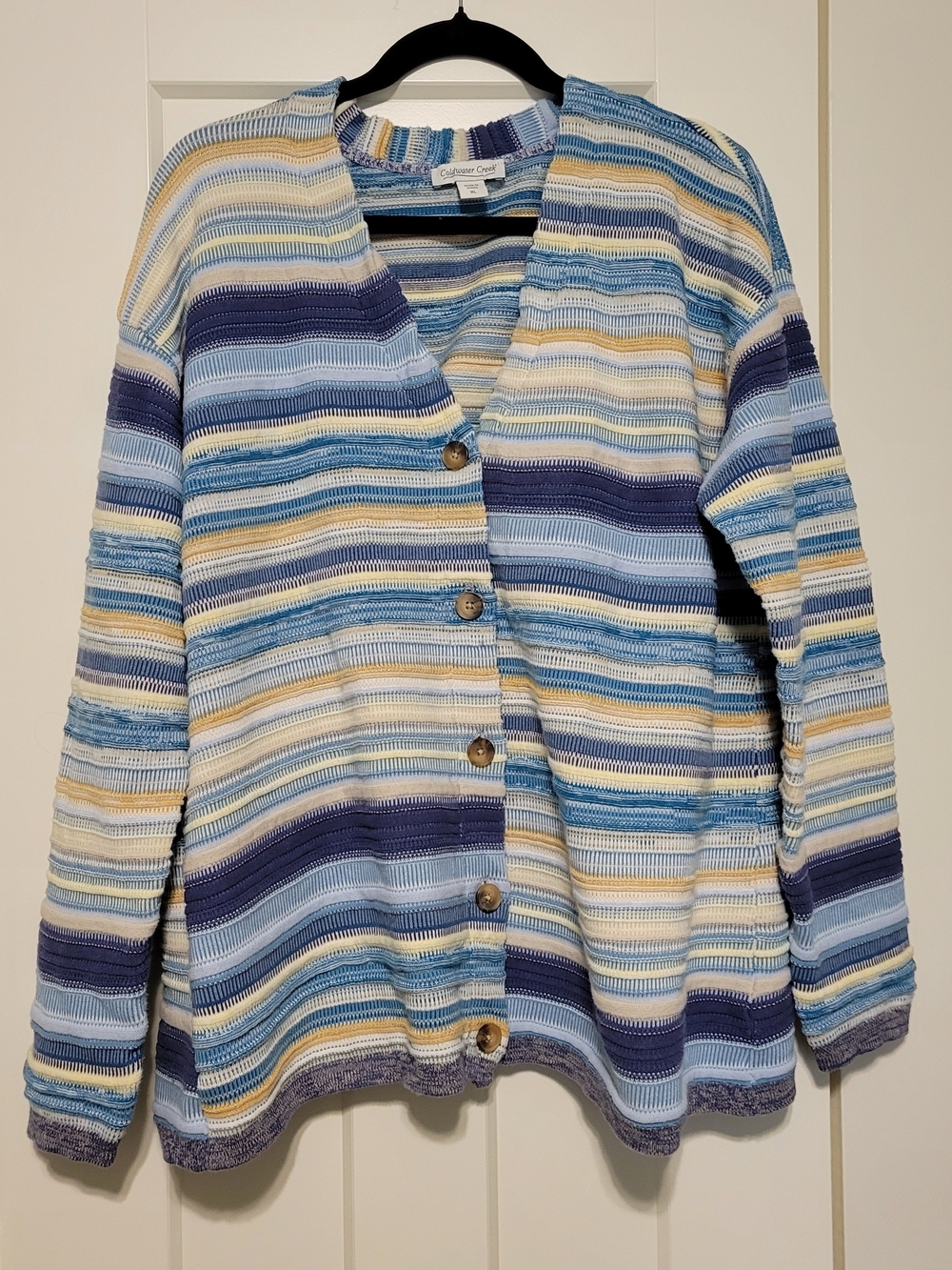 Coldwater Creek Striped Blue, Navy & Cream Button Cardigan